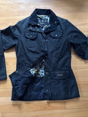Barbour Kate Wax Jacket Black UK 8 Womens Liberty Print Lining Waxed Cotton